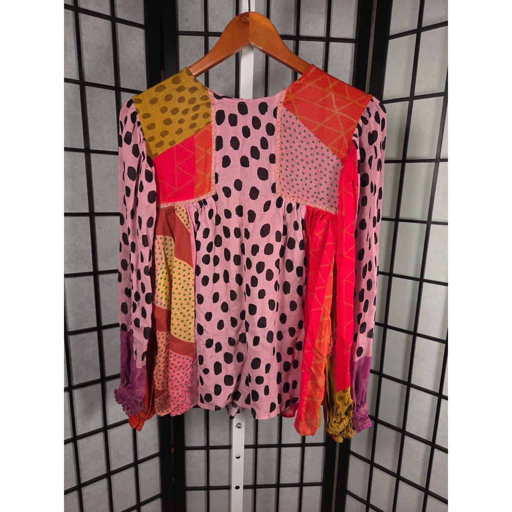Blank London Patchwork Polka Dot Geometric Print Blouse Pink Red Mustard Medium